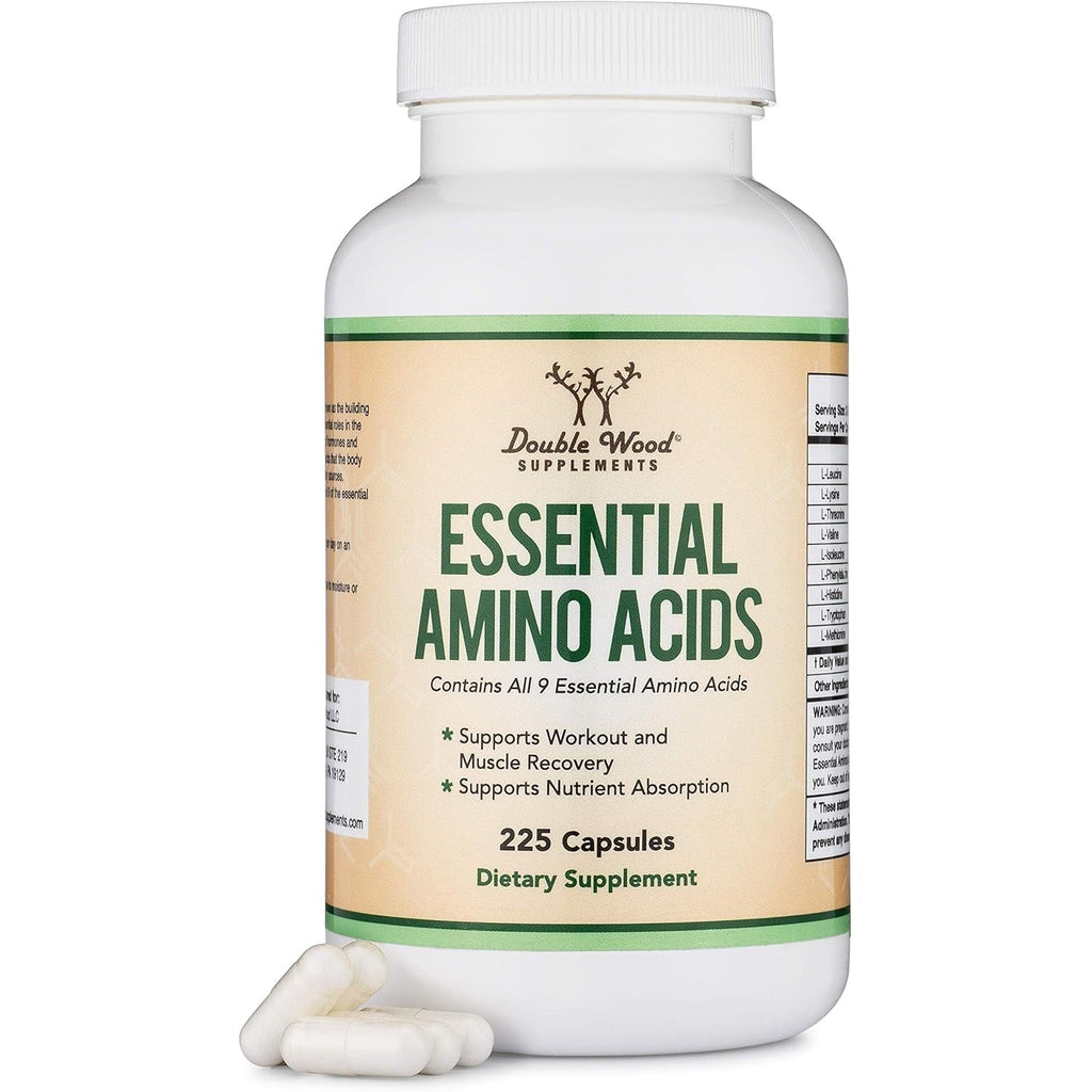 Essential Amino Acids - 1 Gram per Serving Powder Blend of All 9 Essential Aminos (EAA) and All Branched-Chain Aminos (Bcaas) (Leucine, Isoleucine, Valine) 225 Capsules, Gluten Free by Double Wood