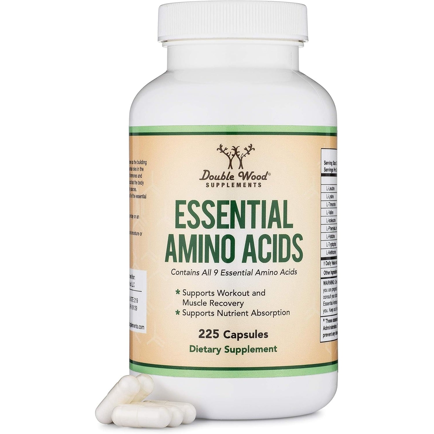 Essential Amino Acids - 1 Gram per Serving Powder Blend of All 9 Essential Aminos (EAA) and All Branched-Chain Aminos (Bcaas) (Leucine, Isoleucine, Valine) 225 Capsules, Gluten Free by Double Wood