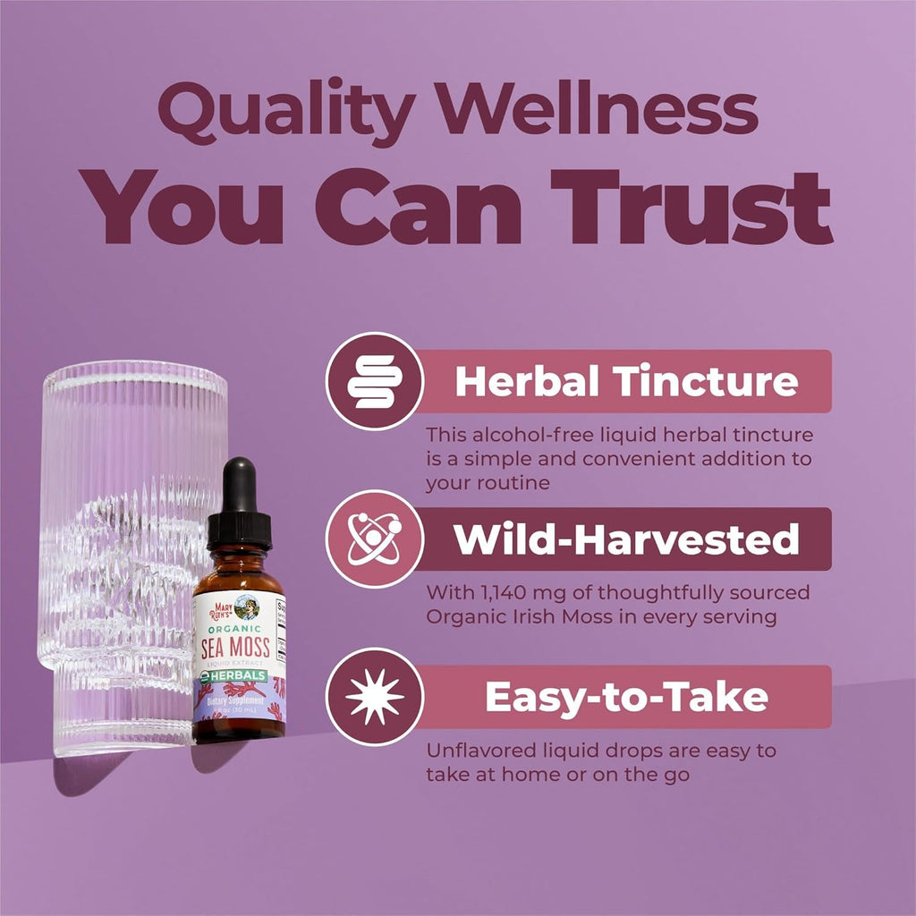 MARYRUTH'S Organic Irish Sea Moss Liquid Drops | Chondrus Crispus | Wild Harvested | Organic Irish Moss Formulated for Adults & Kids Ages 14+ | Unflavored | Sugar Free | Vegan | Non-Gmo | 1 Fl Oz