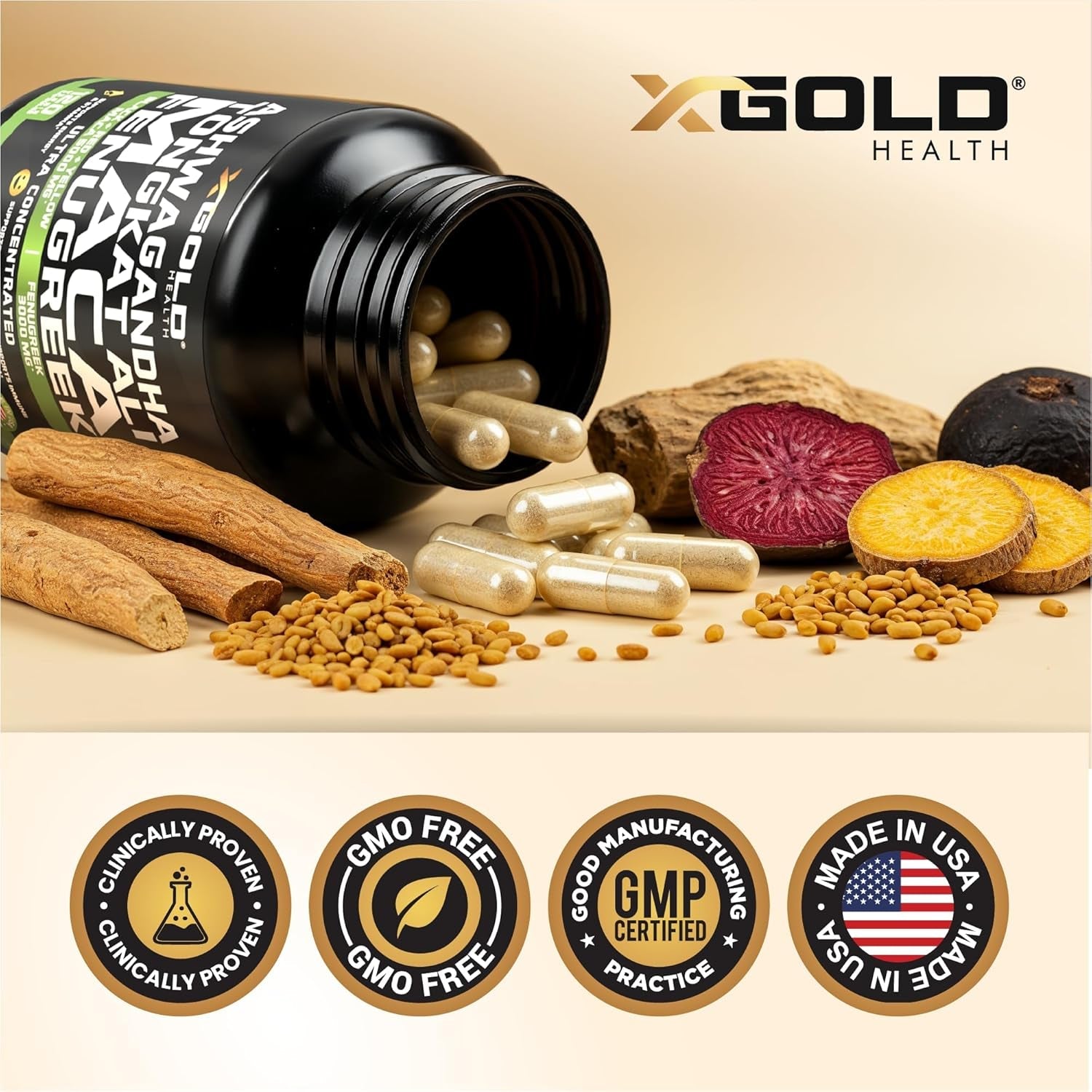 Ashwagandha 30:1 + Tongkat Ali 100:1 + Maca Root 20:1 + Fenugreek 10:1 Extract Supplement for Men & Women | High Potency Herbal Complex | Energy, Vitality & Performance Support | Made in USA