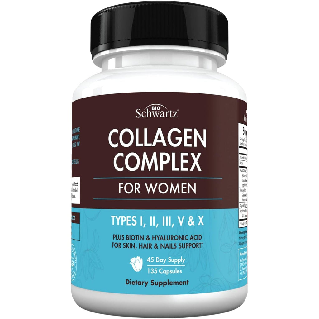 Bioschwartz Hydrolyzed Collagen Peptide Capsules - Multi Collagen Supplements for Women Types I, II, III, V, X with Vitamin C, Biotin, Keratin and Hyaluronic Acid for Skin, Hair & Nails - 135Ct