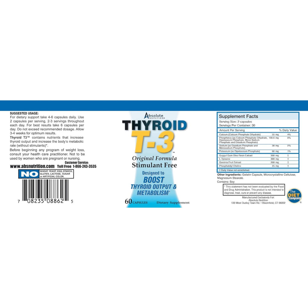 Absolute Nutrition Fat Burning Metabolism Boosting Supplement, Thyroid T-3, 60 Capsules, Off-White, 120
