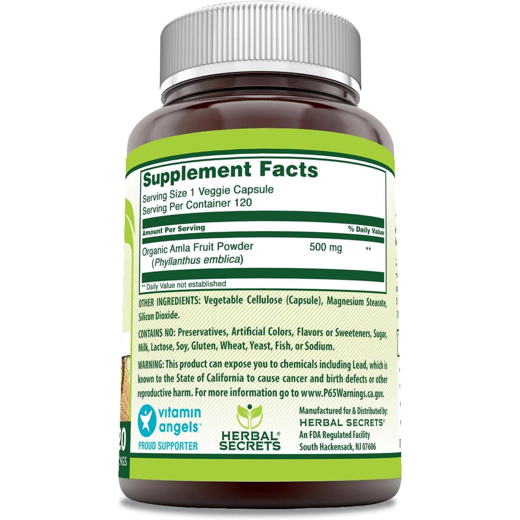 Herbal Secrets Amla Supplement | 500 Mg per Serving | 120 Veggie Capsules | Made with Natural Amla | Supplement | Non-Gmo | Gluten Free | Made in USA