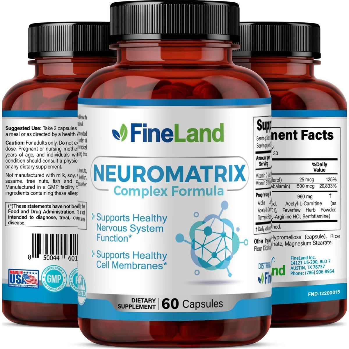 Fineland NEUROMATRIX Complex Formula, Advanced Cognitive and Nerve Support Supplement, High Potency Vitamin B12, Alpha Lipoic Acid and Acetyl-L-Carnitine, 60 Capsules