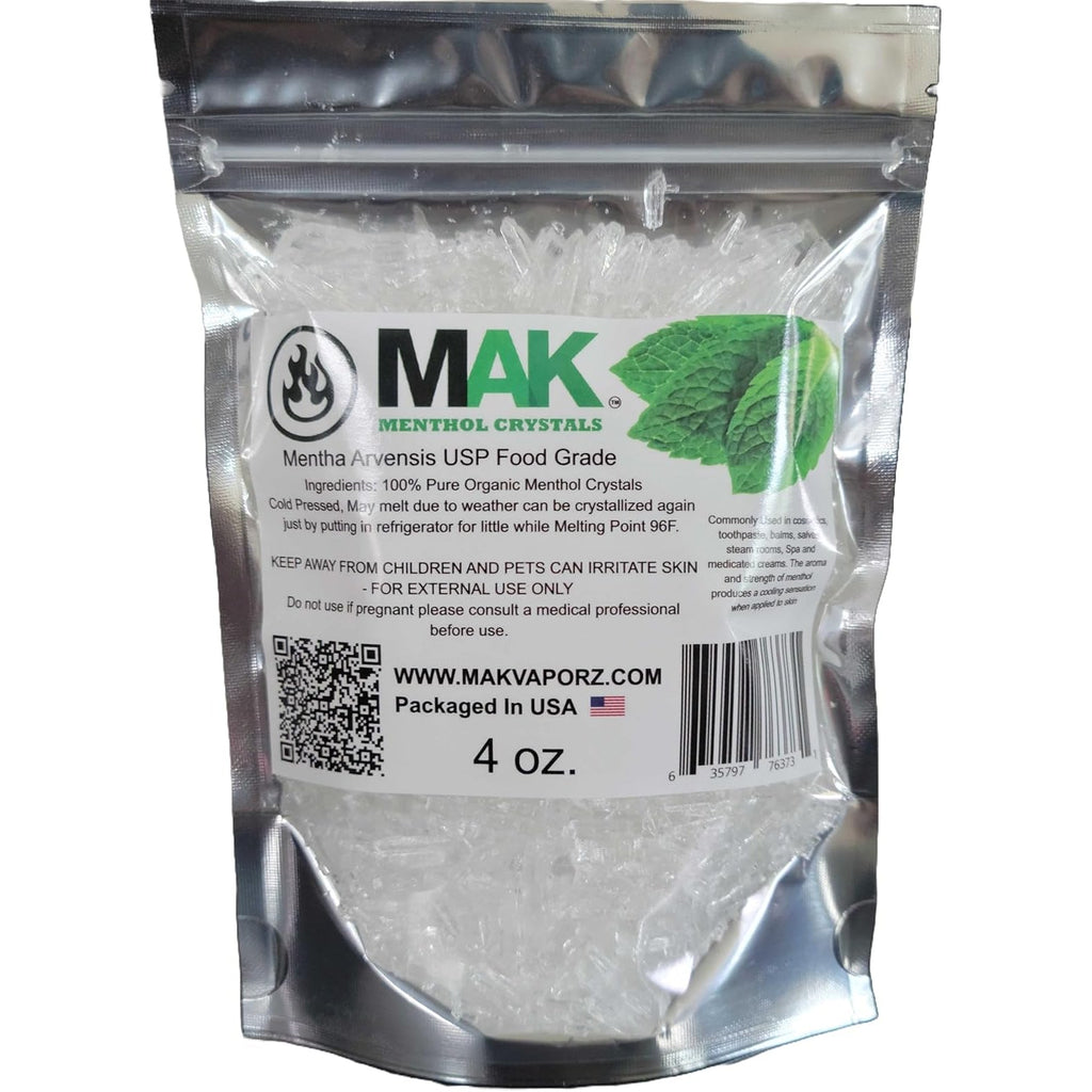 Mak Menthol Crystal 4 Oz - Pure Organic 100% Natural - Menthol Crystals from Mint Crystal Mints Mentha Arvensis - Comes in Resealable Standup Bag for Long-Lasting Freshness