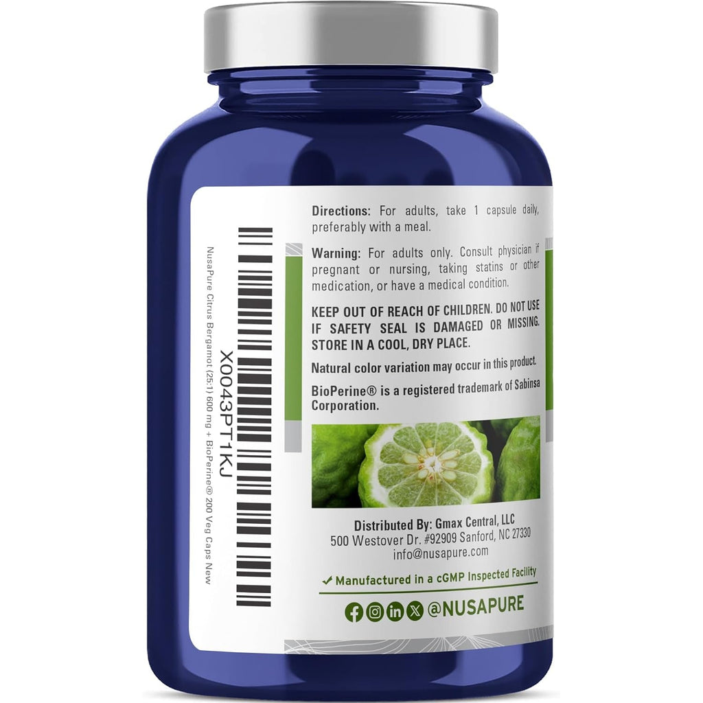 Nusapure Citrus Bergamot Capsules, 600 Mg, 200 Veg Capsules (Non-Gmo, Vegan)