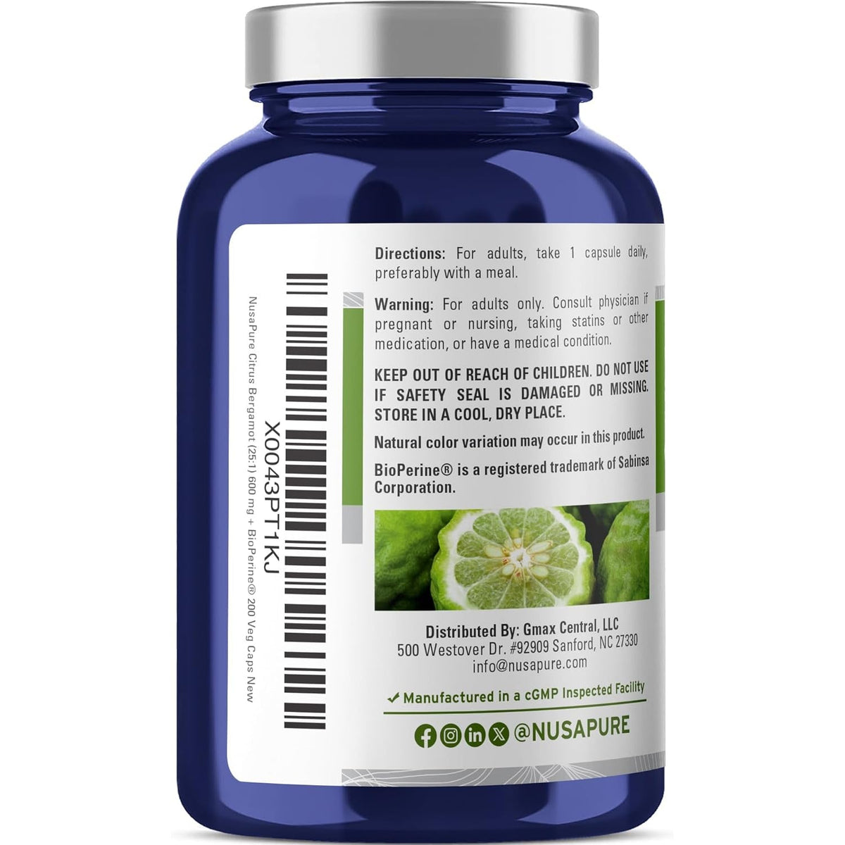 Nusapure Citrus Bergamot Capsules, 600 Mg, 200 Veg Capsules (Non-Gmo, Vegan)