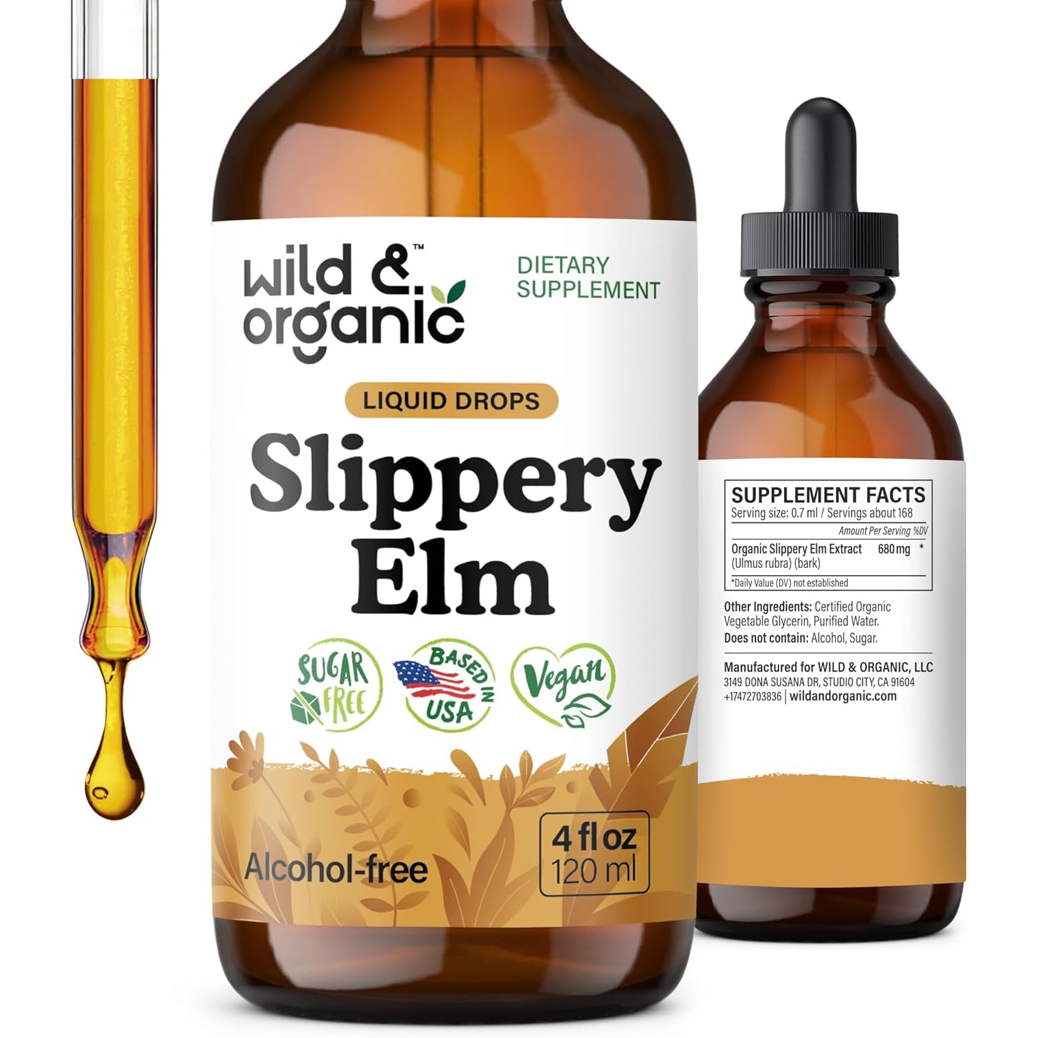 Wild & Organic Slippery Elm Liquid Drops - Lung, Digestive & Women'S Support - Slippery Elm Bark Supplement - Add to Tea Tincture - Ulmus Rubra Herb - Vegan, Sugar & Alcohol-Free - 4 Fl Oz