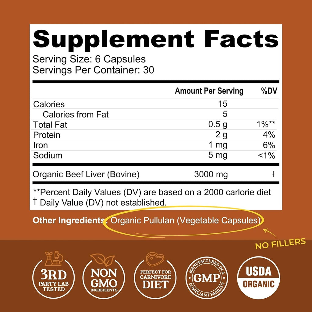 USDA Organic Beef Liver Capsules – Grass Fed & Pasture Raised in Australia – Nutrient Dense Superfood for Energy & Wellness – No Fillers, Freeze-Dried Liver Supplement – 180 Capsules