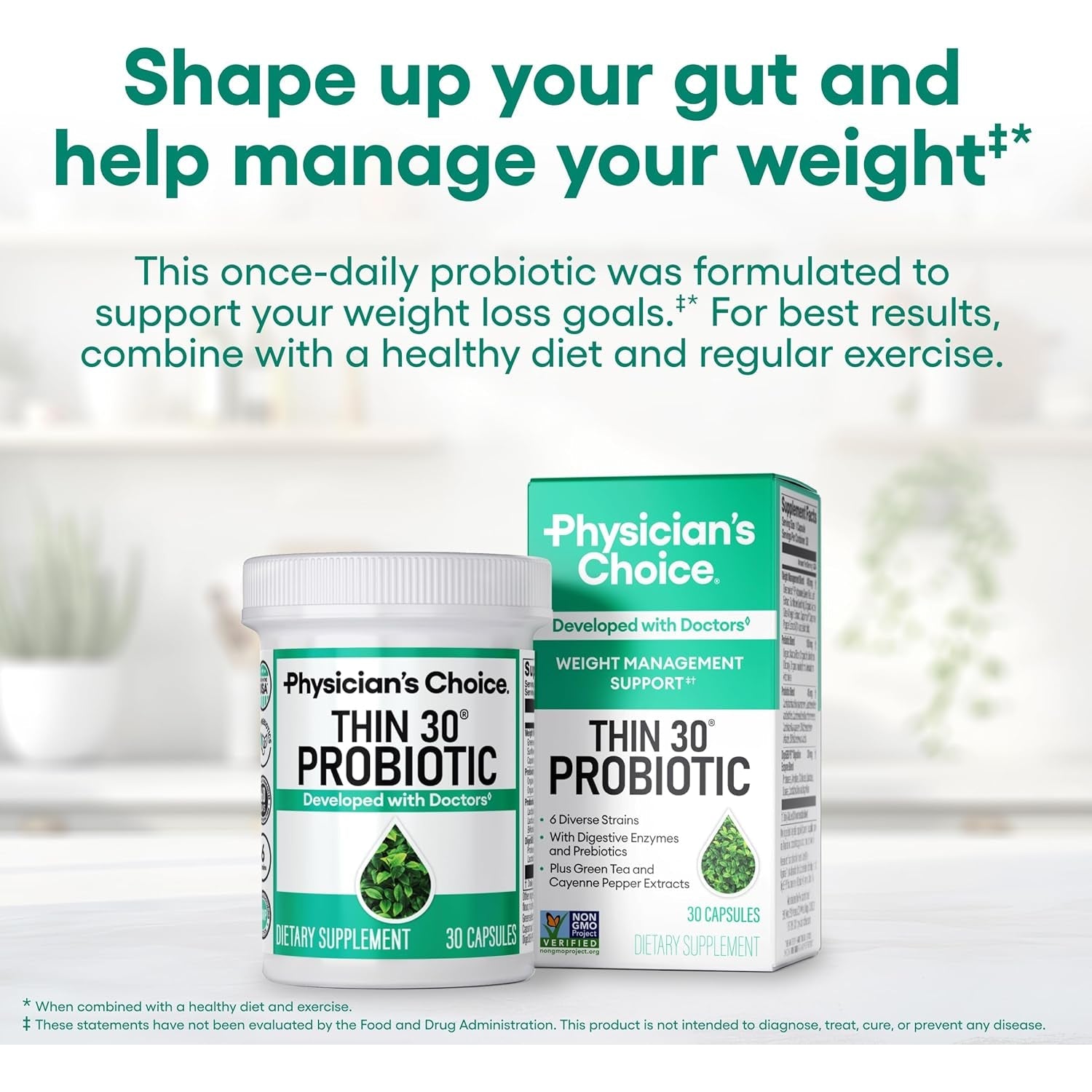 Physician'S CHOICE Probiotics for Weight Management & Bloating - 6 Probiotic Strains - Prebiotics - Key Ingredient Cayenne - Supports Gut Health - Weight Management for Women & Men - Green Tea - 30 CT