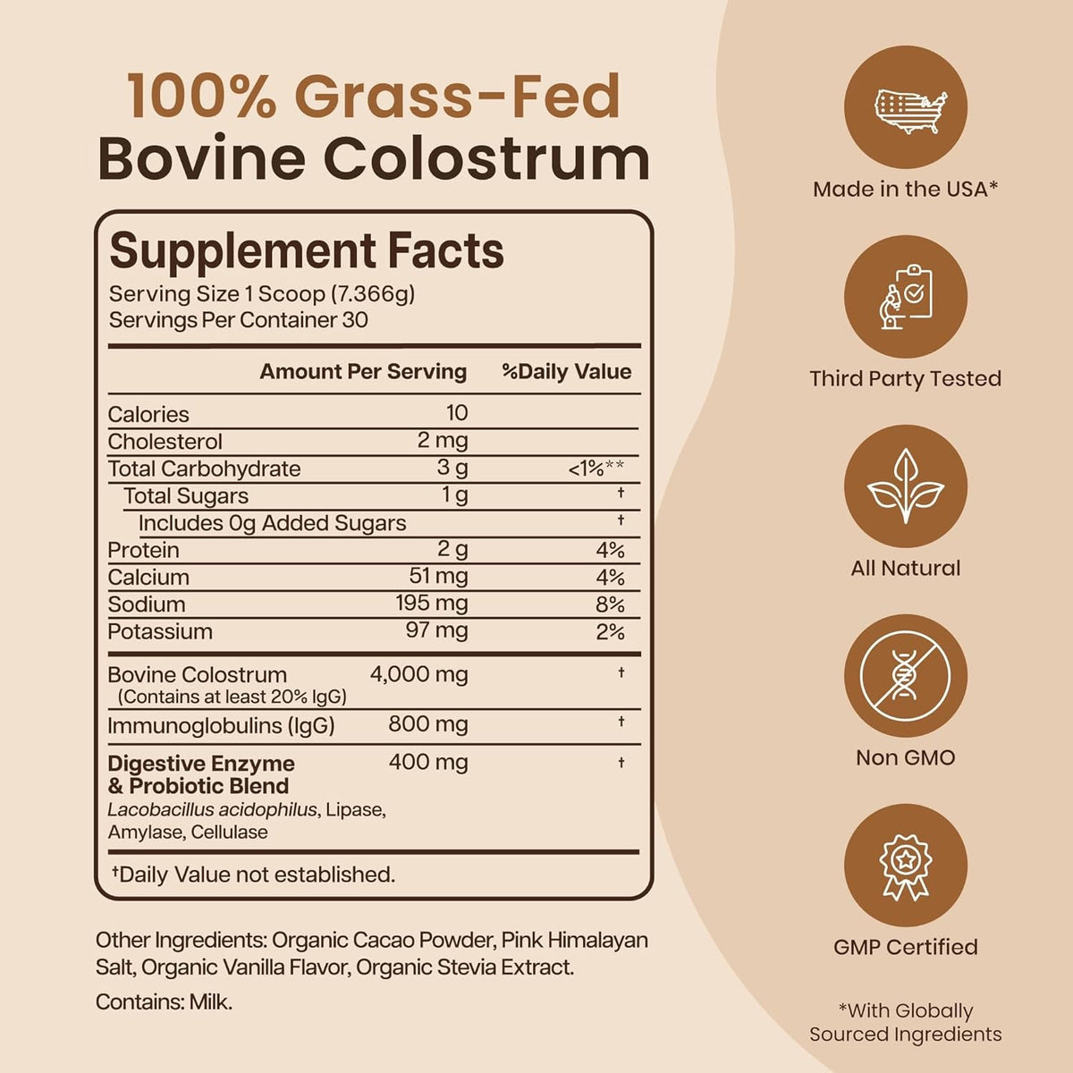 Organic Chocolate 4000Mg Grass Fed Bovine Colostrum Powder + Probiotics Colostrum Supplement for Kids & Adults with Immunoglobulins (220.98 Grams)