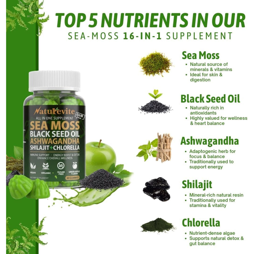 16 in 1 Sea Moss Gummies — Us-Made, 3X Potent Seamoss Gummies for Men and Women with Black Seed Oil, Ashwagandha, Burdock, and More — Supports Immunity, Energy & Vitality (30-Day Supply, 60 Gummies)