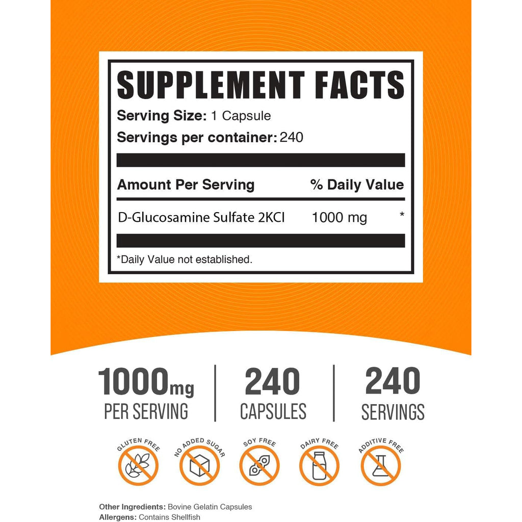 Bulksupplements.Com Glucosamine Sulfate Capsules - Glucosamine Supplement, for Joint Support - Glucosamine Sulfate 1000Mg, Gluten Free, 1 Capsule per Serving, 240 Capsules (Pack of 1)