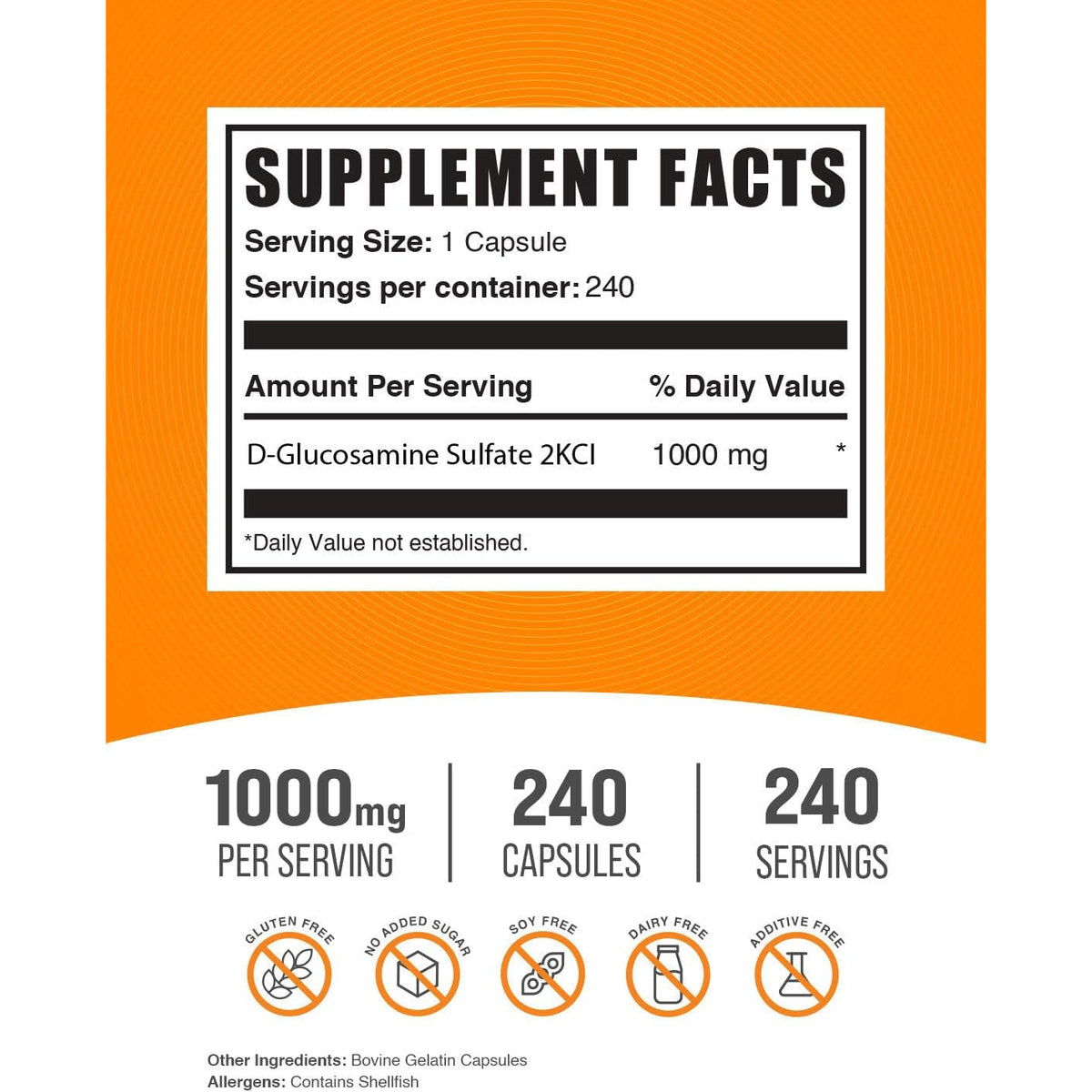 Bulksupplements.Com Glucosamine Sulfate Capsules - Glucosamine Supplement, for Joint Support - Glucosamine Sulfate 1000Mg, Gluten Free, 1 Capsule per Serving, 240 Capsules (Pack of 1)
