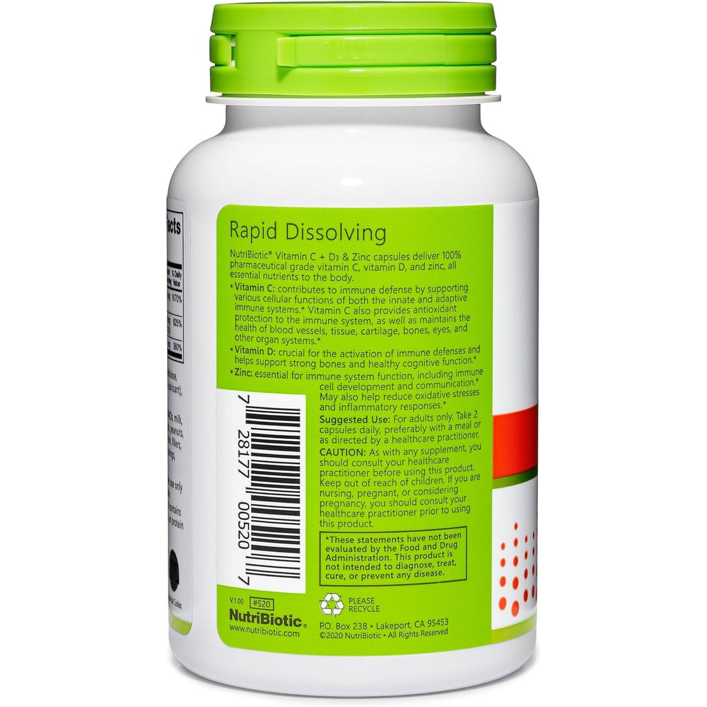 Nutribiotic – Vitamin C + Vitamin D3 & Zinc, 100 Capsules | Potent, Comprehensive Immune Support | Essential & Antioxidant Daily Supplement | Gluten & GMO Free
