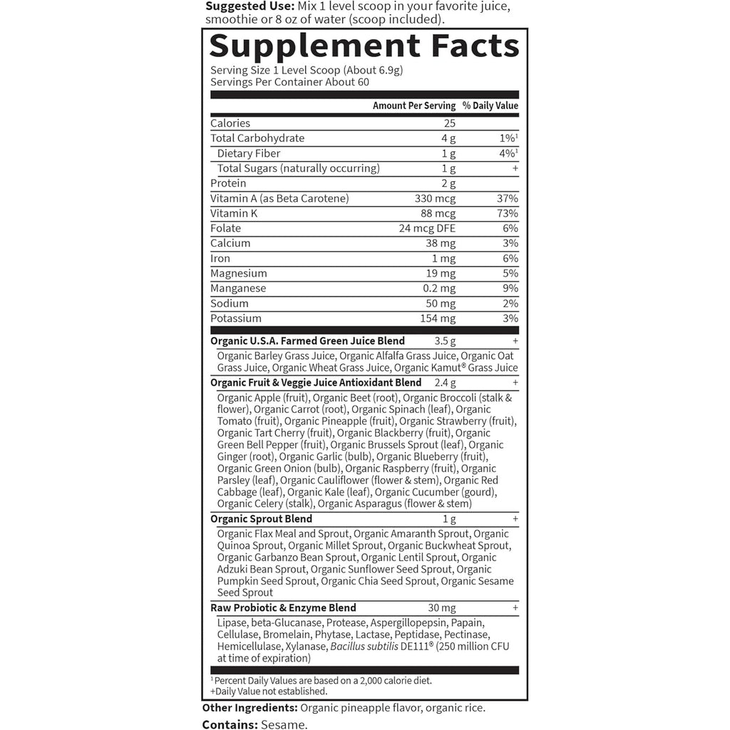 Garden of Life Super Greens Powder Smoothie & Mix, Probiotics & Digestive Enzymes for Digestive Health, Organic Superfoods Nutrition Fruit and Vegetables for Women & Men Energy, Original, 60 Servings