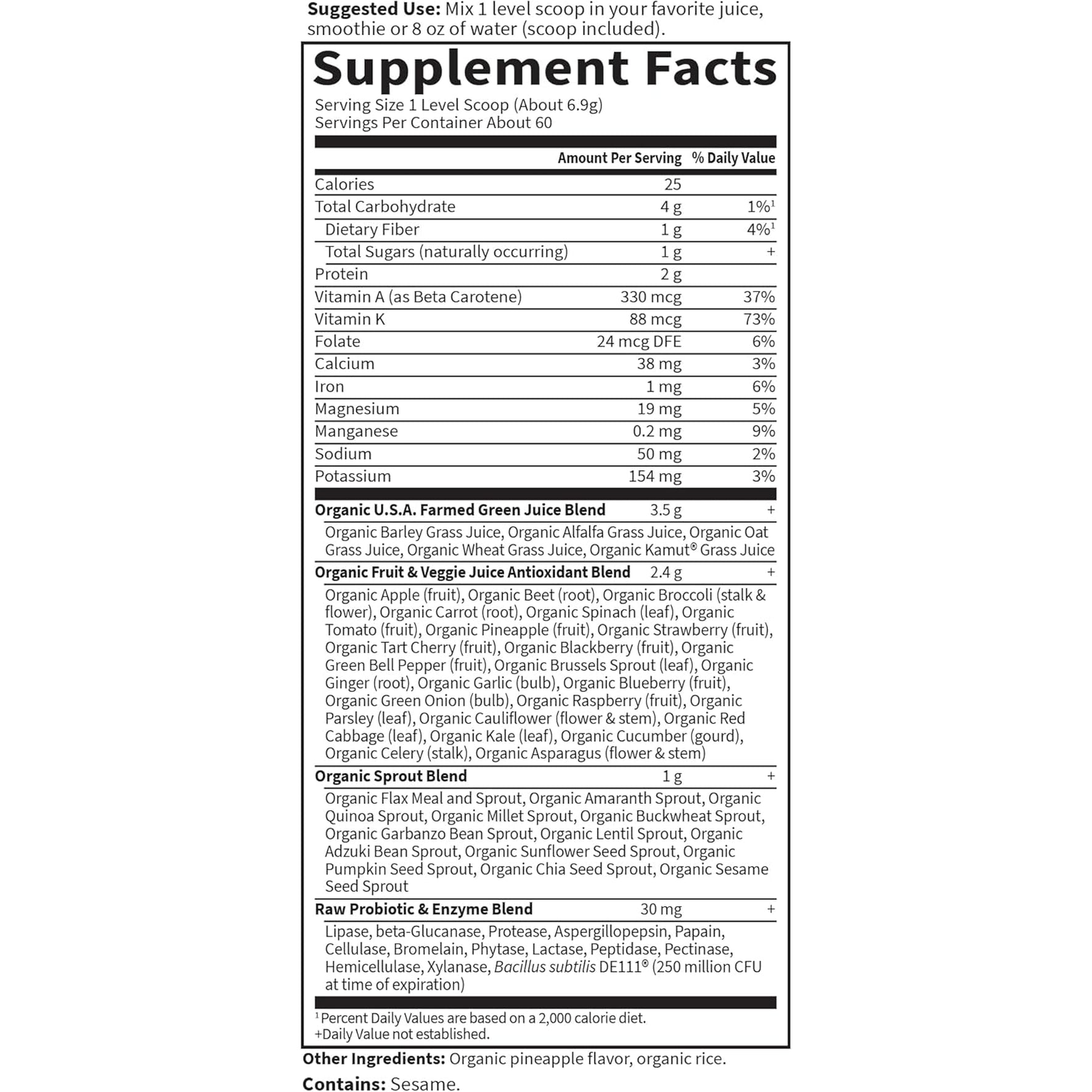 Garden of Life Super Greens Powder Smoothie & Mix, Probiotics & Digestive Enzymes for Digestive Health, Organic Superfoods Nutrition Fruit and Vegetables for Women & Men Energy, Original, 60 Servings