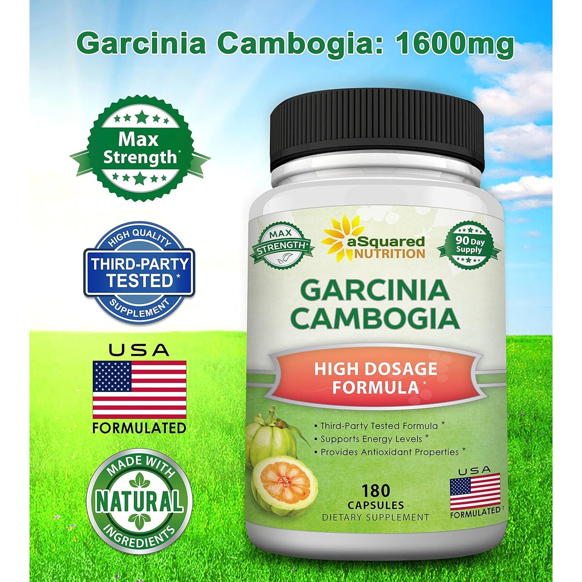 Asquared Nutrition Garcinia Cambogia 1600Mg-180 Capsules-Natural Pure Extract Pills for Brain Health- Standardized Ultra HCA & Garcinia Cambogia Supplement Alternative to Gummies, Drops, Tea & Powder
