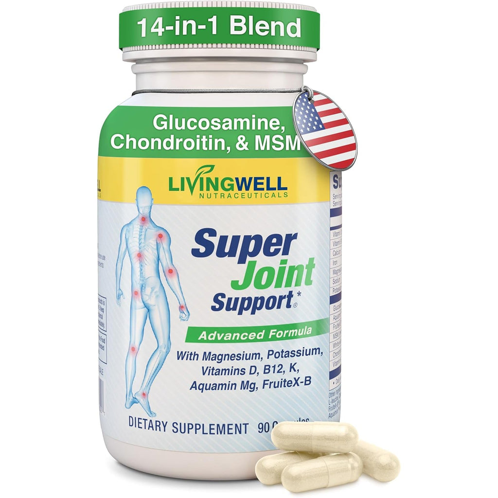 SUPER JOINT SUPPORT Glucosamine Chondroitin & MSM for Bone & Muscle Health - Joint Supplement for Men & Women with Vitamin D, B12, Magnesium, Potassium & Calcium - All in One Support - 90 Capsules