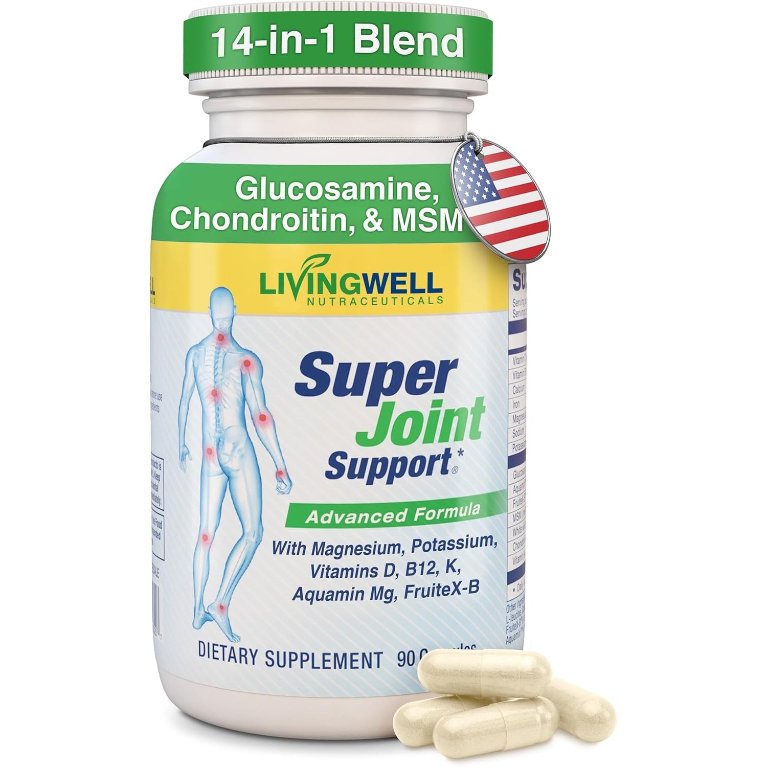 SUPER JOINT SUPPORT Glucosamine Chondroitin & MSM for Bone & Muscle Health - Joint Supplement for Men & Women with Vitamin D, B12, Magnesium, Potassium & Calcium - All in One Support - 90 Capsules