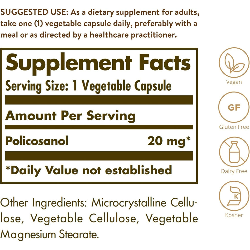Solgar Policosanol 20 Mg, 100 Vegetable Capsules - Supports Heart Health - General Wellness - Vegan, Gluten Free, Dairy Free, Kosher - 100 Servings
