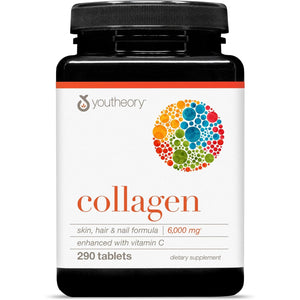 Youtheory Advanced Collagen - 6,000 Mg Hydrolyzed Collagen Peptides - Includes Antioxidants & Contains Vitamin C - Hair Growth, Nails, Joint Health & Bone Support* - 290 Tablets (48-Day Supply)