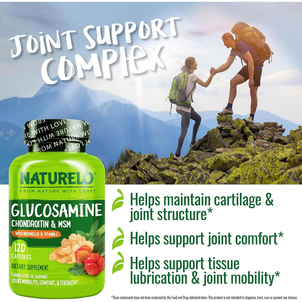 NATURELO Glucosamine Chondroitin MSM with Boswellia and Vitamin C - Supplement for Joint Comfort, Mobility, and Strength - 120 Capsules