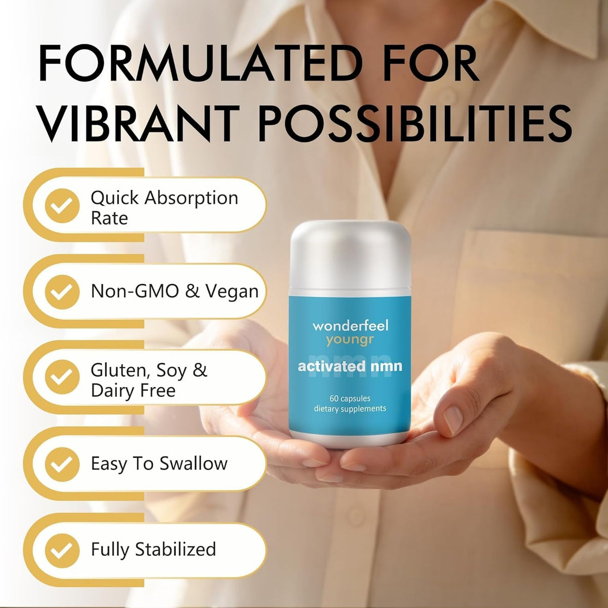 Wonderfeel Youngr NMN Supplement – with Quercettine, TMG & Resveratrol | Vegan Capsules for Daily Nutritional Use, 60 Count