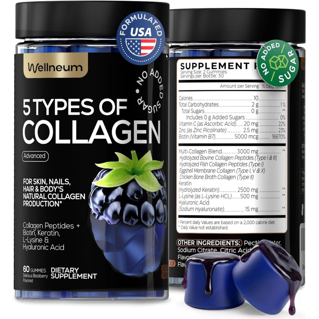 Collagen Peptides Gummies Sugar Free 3000Mg Multi Collagen Blend for Hair Skin & Nails Support + 2500Mg Keratin + 5000Mcg Biotin, Hyaluronic Acid, Vitamin C & Zinc, 60 Gummies (Packaging May Vary)