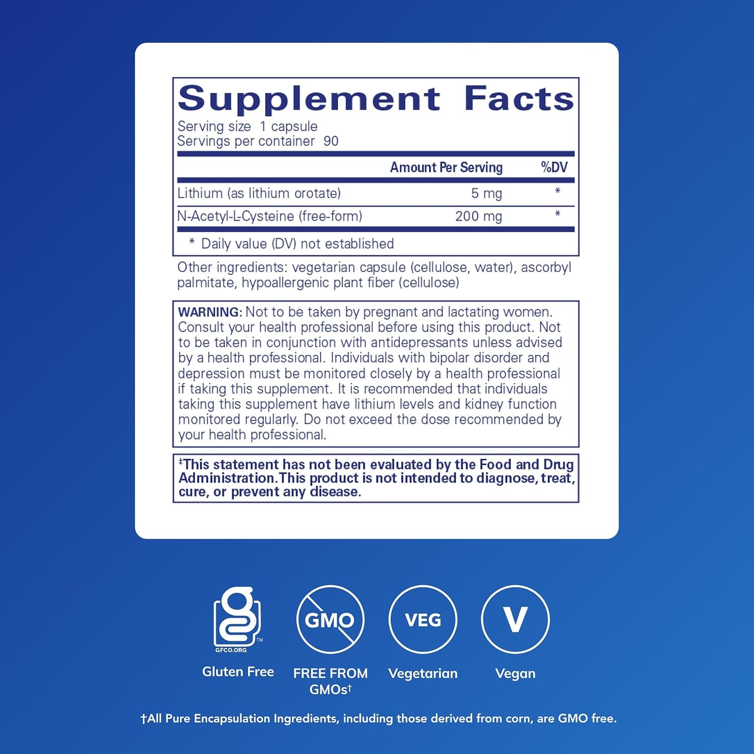 Pure Encapsulations Lithium Orotate 5 Mg - Brain Support Supplement - with N-Acetyl-L-Cysteine (NAC) for Memory & Brain Behavior* - Gluten Free & Non-Gmo - 90 Capsules