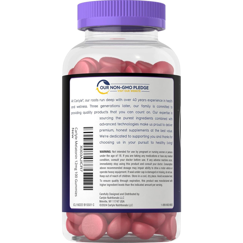 Carlyle Melatonin Gummies 12Mg | 100 Count | Berry Flavor | Vegan Supplement | Non-Gmo, Gluten Free