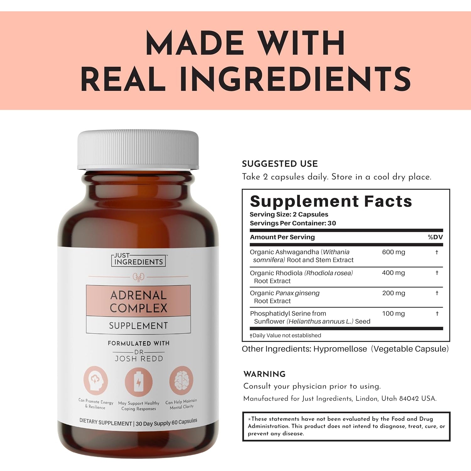 JUST INGREDIENTS Adrenal Support Complex with Ashwagandha, Rhodiola, and Panax Ginseng - Capsules