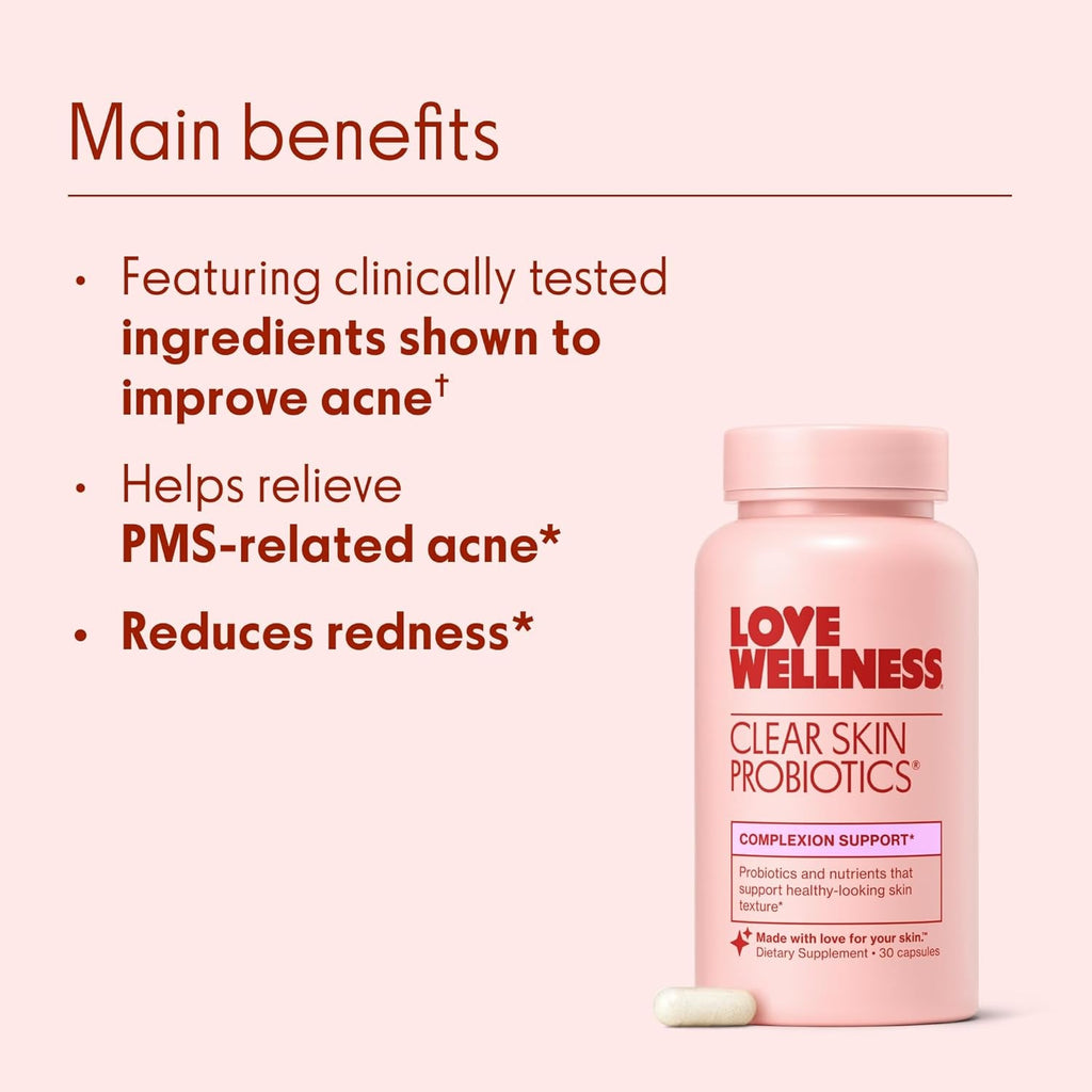 Love Wellness Clear Skin Probiotic | Clear up Hormonal Acne Pimples, Redness & Pore Minimizer | Skin Care with Zinc, Bifidobacterium Longum & Chaste Tree Fruit Extract | Acne Treatment | 30 Count