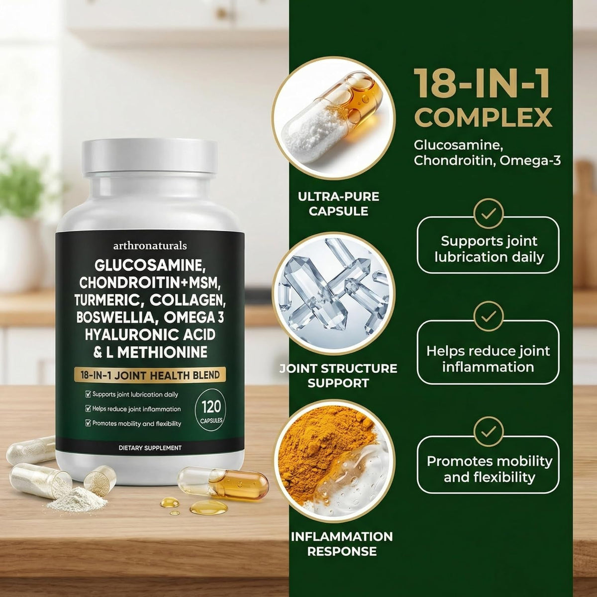 Arthronaturals 18 in 1, Joint Supplement with Glucosamine, Chondroitin, MSM, Hyaluronic Acid, Omega-3 and More, for Provides Joint Support, Improves Mobility & Long Term Health, Vegan - 60 CPS (1)