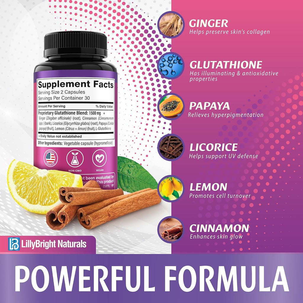 Glutathione Capsules - 1,500Mcg L-Glutathione Supplement with Vitamin C - Skin Tone Enhancer - Targets Dark Spots & Acne Marks - Antioxidant Supplement for Beauty & Health Support - 60 Skin Pills