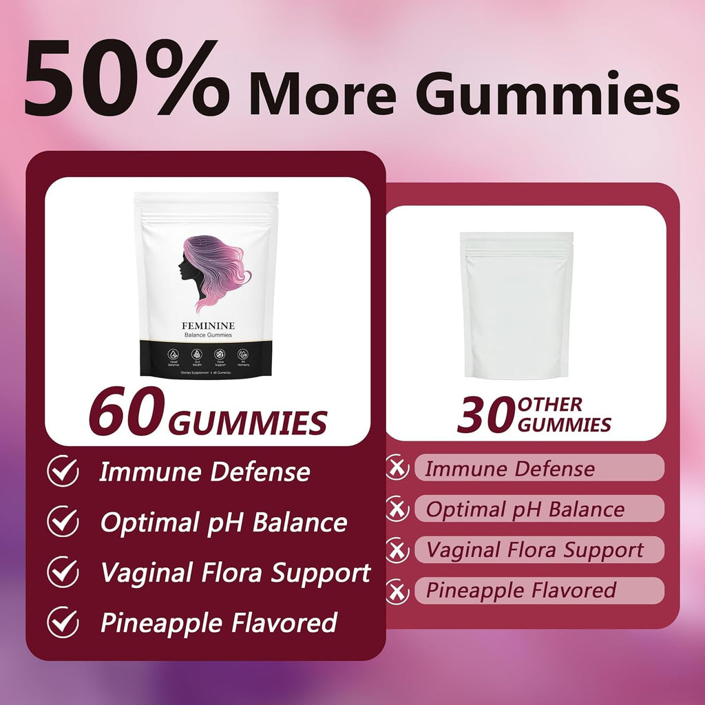 Feminine Balance Gummies, Premium Feminine Balance Gummies, Vegan Hawaiian Pineapple, Vaginal Health Support, Gluten-Free, 60 Gummies (1)