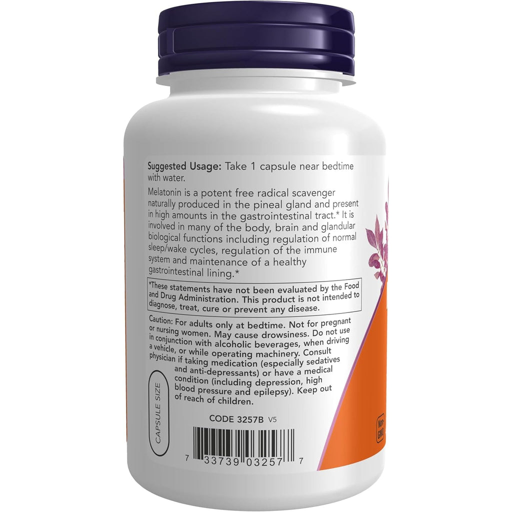 NOW Foods Supplements, Melatonin 3 Mg, Free Radical Scavenger*, Healthy Sleep Cycle*, 180 Veg Capsules