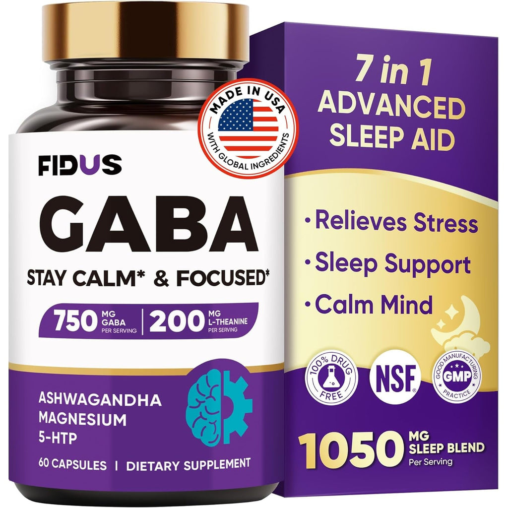 GABA L-Theanine Ashwagandha - 1050Mg Blend - Made in USA - Advanced Sleep Aid & Calm- Magnesium, 5-HTP, Vitamin B6 & B12, GABA (Gamma Aminobutyric Acid) Supplement - Melatonin-Free & Non-Habit Forming