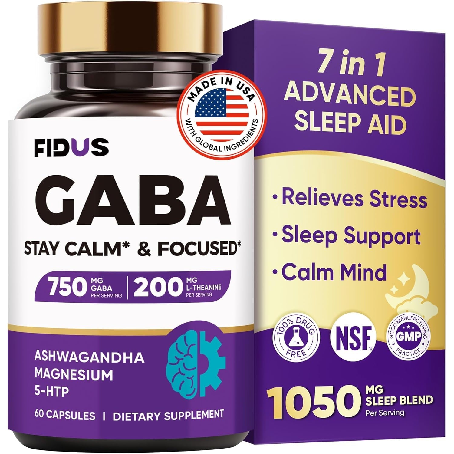 GABA L-Theanine Ashwagandha - 1050Mg Blend - Made in USA - Advanced Sleep Aid & Calm- Magnesium, 5-HTP, Vitamin B6 & B12, GABA (Gamma Aminobutyric Acid) Supplement - Melatonin-Free & Non-Habit Forming