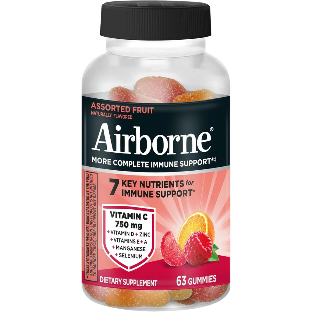 Airborne Immune Support Gummies, Assorted Fruit Flavor, 63 Ct - 750 Mg Vitamin C + Vitamins A, D & E + Zinc, Selenium, and Manganese | with Herbal Blend | Naturally Flavored