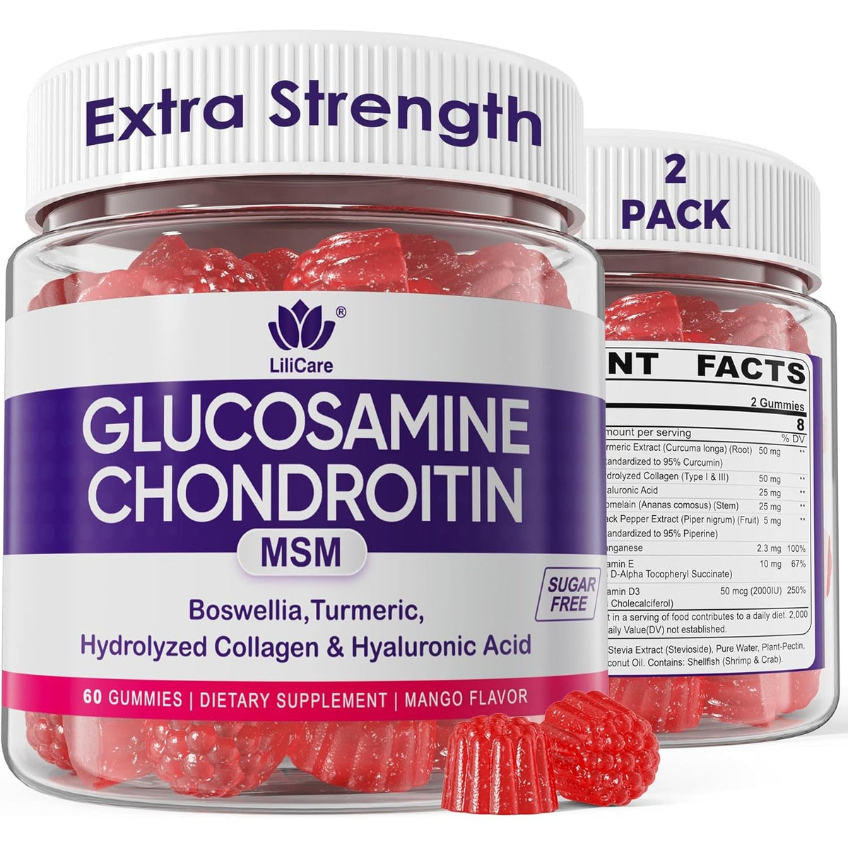Glucosamine Chondroitin Gummies, Sugar Free Glucosamine Chondroitin MSM Supplement, Extra Strength with Boswellia Turmeric, Hydrolyzed Collagen & Hyaluronic Acid, Bone Health for Men & Women, 120 Cts