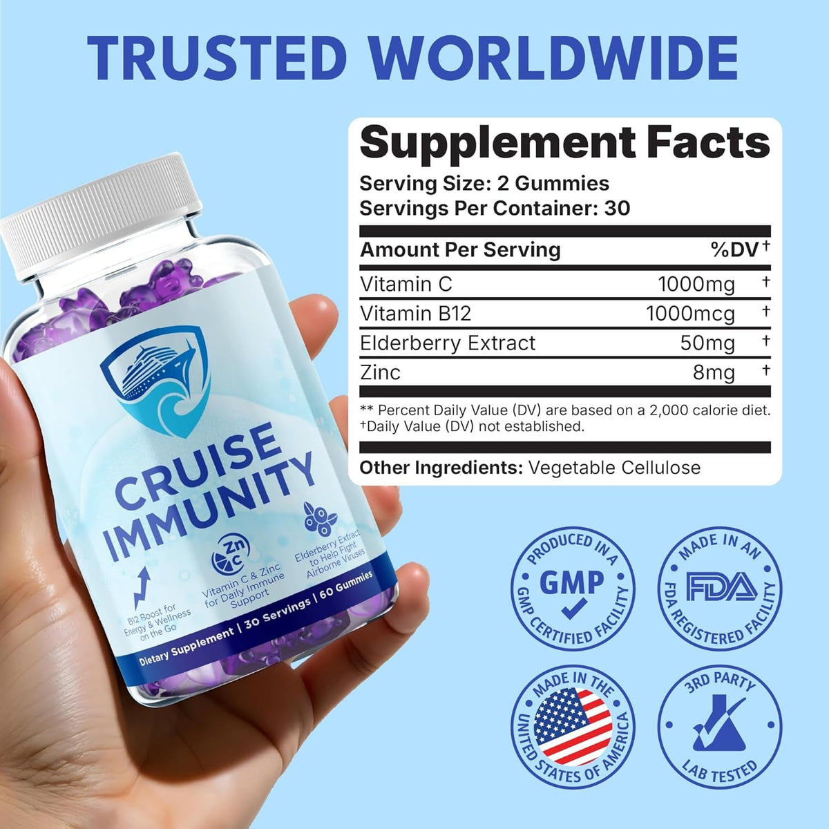 Immune Support Gummies for Cruisers with Vitamin C, B12, Zinc, Elderberry Extract, 60 Gummies, 30 Servings, Cruise and Travel Specific Wellness Supplement