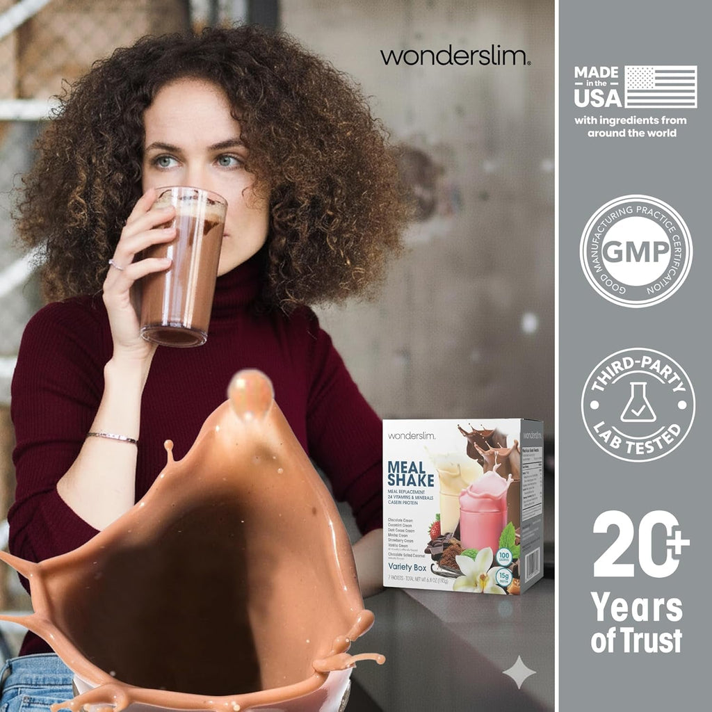 Wonderslim Meal Replacement Shake, Variety Pack, 15G Protein, 24 Vitamins & Minerals, Gluten Free (7Ct)