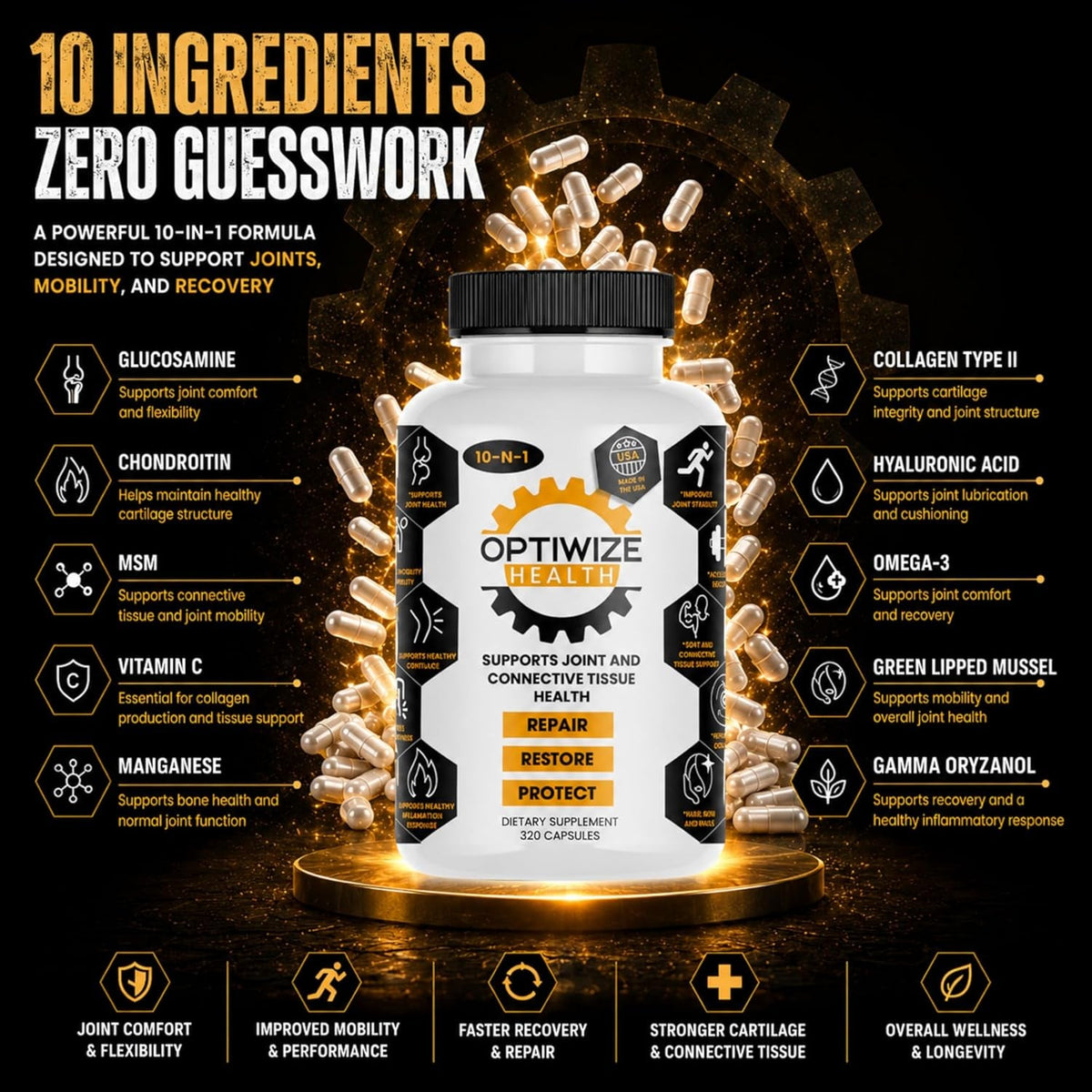 Optiwize 10-N-1 Joint Support Hydrolyzed Collagen,Msm, Hyaluronic Acid, Glucosamine,Chondroitin & More- Targets Joint Discomfort, Improves Mobility & Flexibility 320 Caps for Men & Women Made in USA