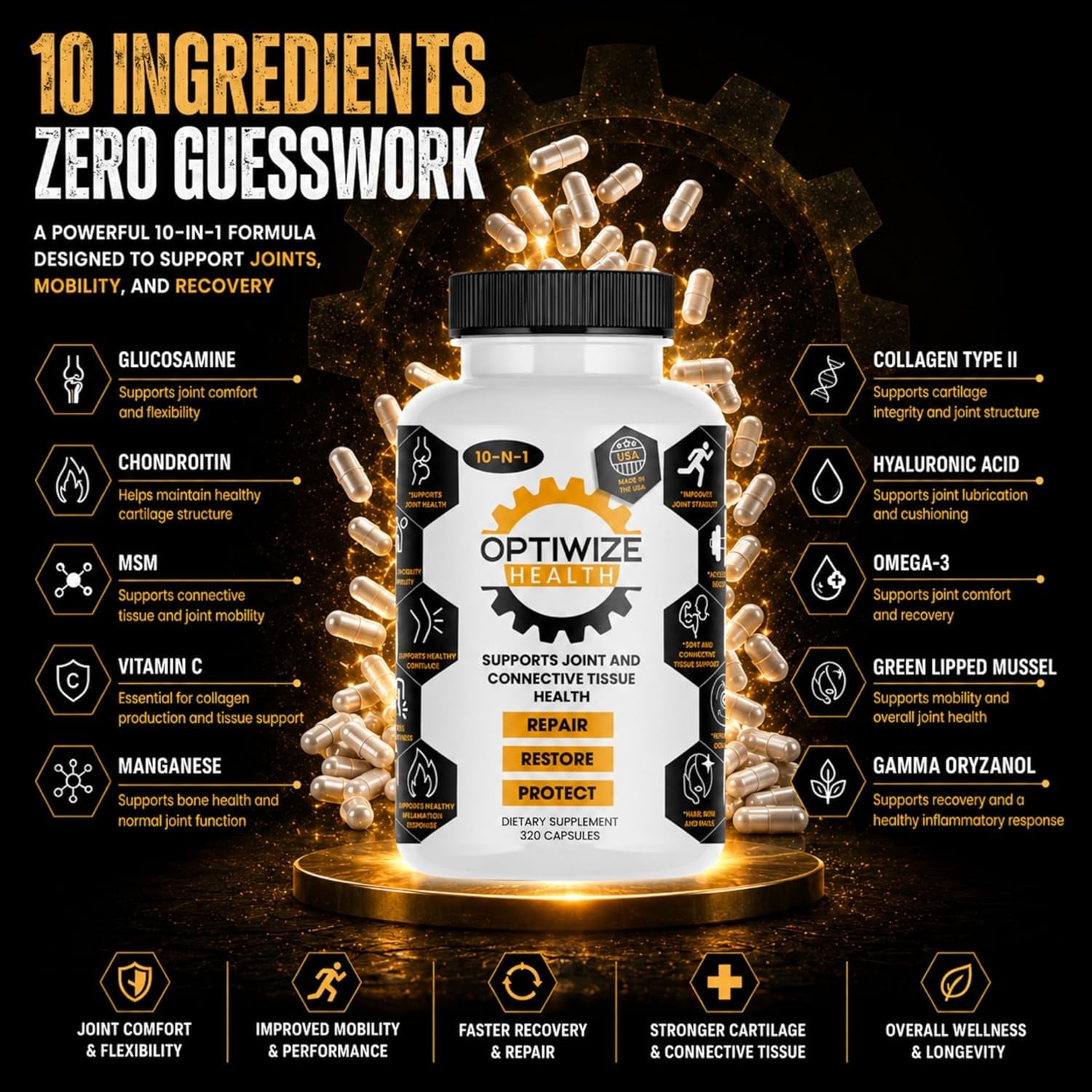 Optiwize 10-N-1 Joint Support Hydrolyzed Collagen,Msm, Hyaluronic Acid, Glucosamine,Chondroitin & More- Targets Joint Discomfort, Improves Mobility & Flexibility 320 Caps for Men & Women Made in USA