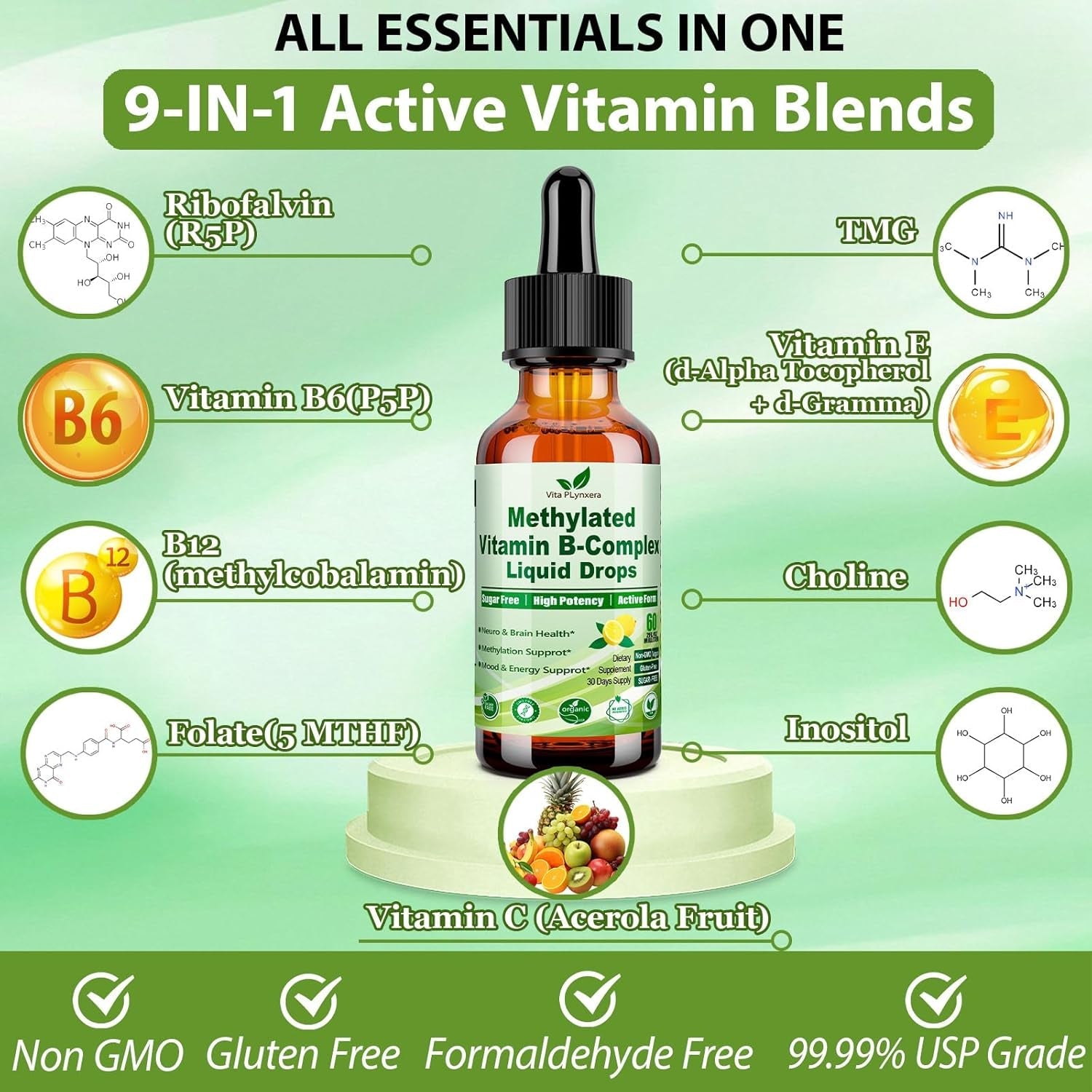 Methylated B Complex Liquid Drop Complete 9-In-1 Methyl B Vitamins W. B12 Methylfolate Inositol Choline TMG Vitamin C E, Super B-Complex Methylated for MTHFR Support, Energy Mood Nerve & Brain Health1