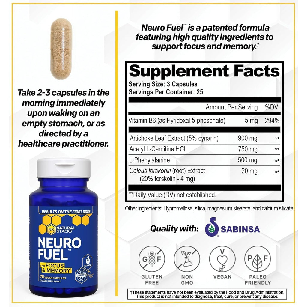 NATURAL STACKS Original Neurofuel Nootropic Brain Support Supplement - 750Mg L-Carnitine & 500Mg L-Phenylalanine - Brain Supplement for Memory and Focus* - 75 Focus Pills