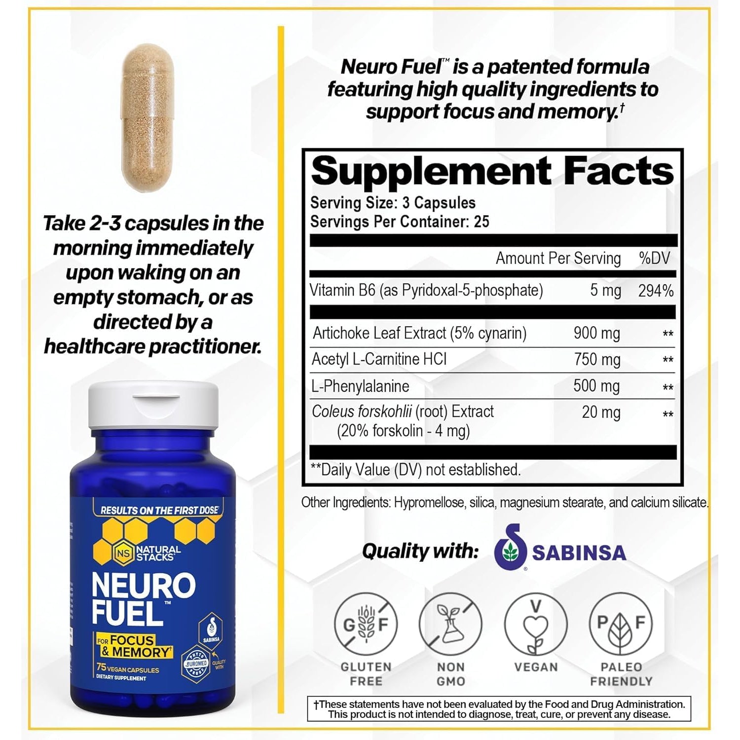 NATURAL STACKS Original Neurofuel Nootropic Brain Support Supplement - 750Mg L-Carnitine & 500Mg L-Phenylalanine - Brain Supplement for Memory and Focus* - 75 Focus Pills