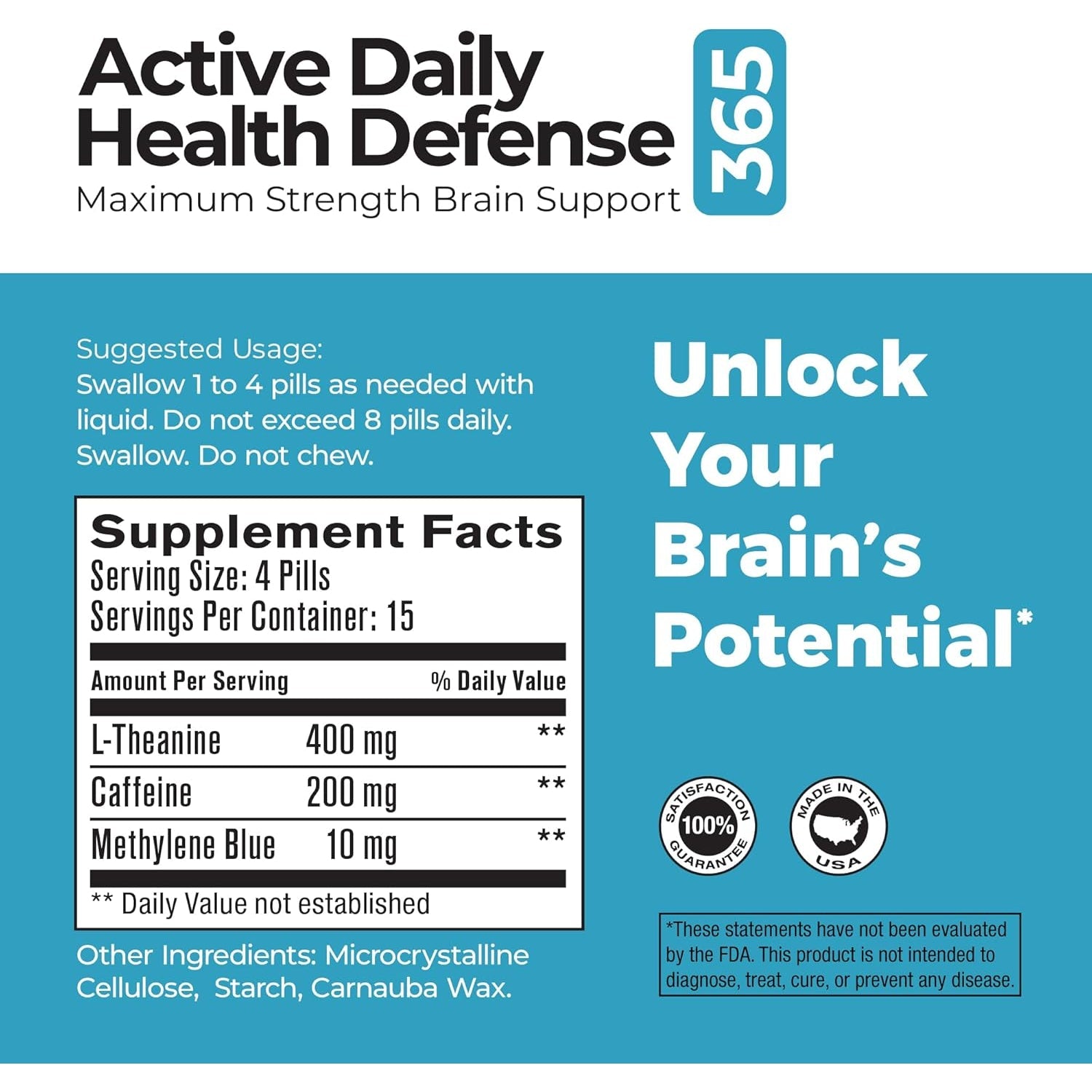 Best 365 Labs Maximum Strength Brain Support - Methylene Blue, Caffeine, and L-Theanine - Improve Focus and Memory - Unlock Your Brain’S Potential - 60 Tablets
