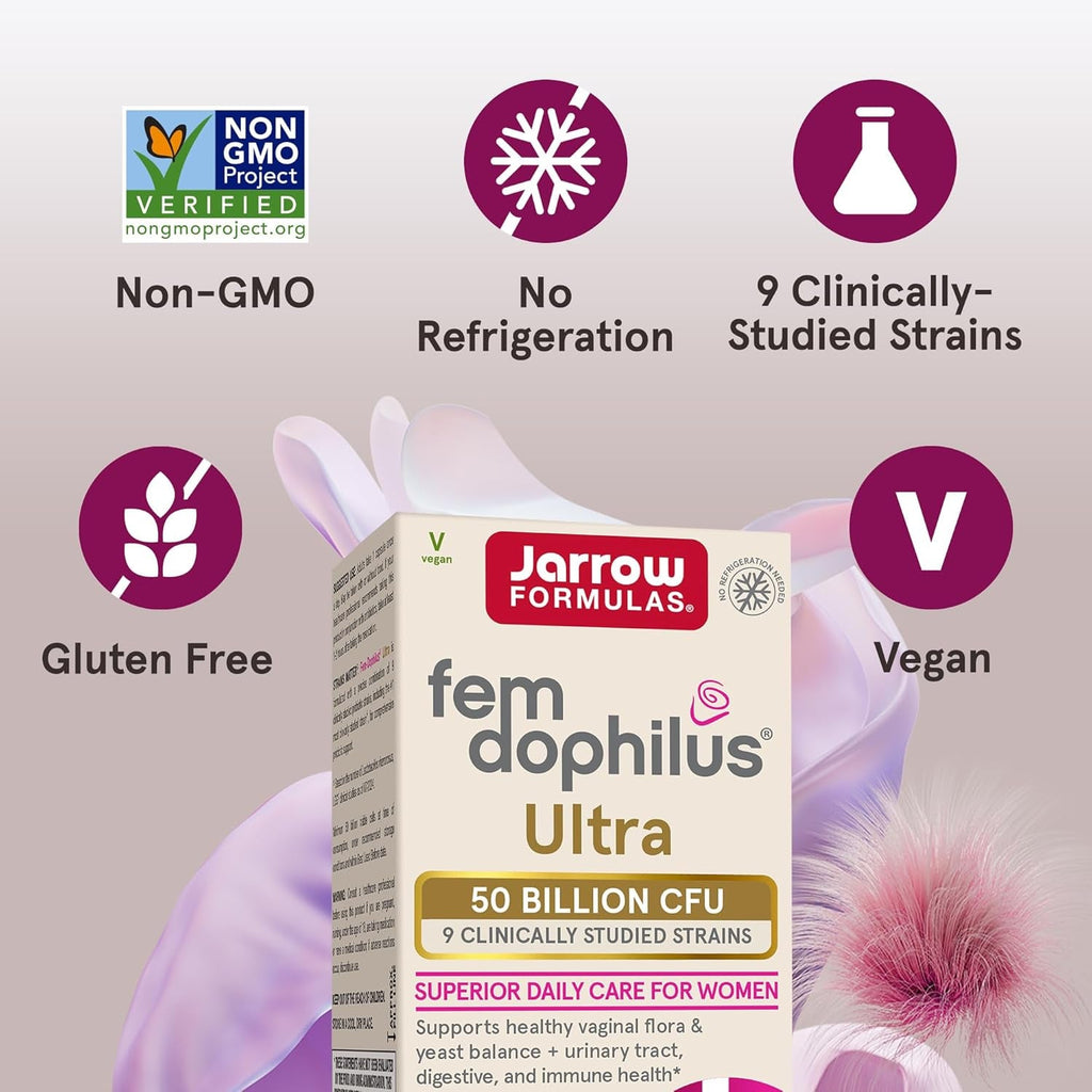 Jarrow Formulas Fem-Dophilus Vaginal & Digestive Probiotic 50 Billion CFU, 9 Clinically-Studied Strains, for Vaginal Flora & Yeast Balance, Urinary Tract, Digestive, & Immune Support, 30 Capsules